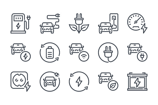 Electric car and Hybrid vehicle line icon set. Eco fuel station and Auto charging linear icons. Battery power and Alternative energy sources outline vector sign collection.