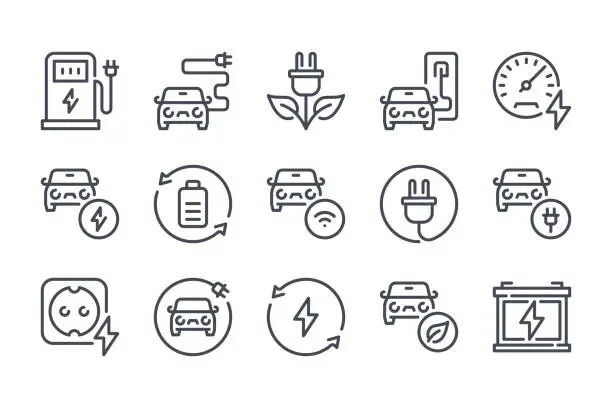 Vector illustration of Electric car and Hybrid vehicle line icon set. Eco fuel station and Auto charging linear icons. Battery power and Alternative energy sources outline vector sign collection.