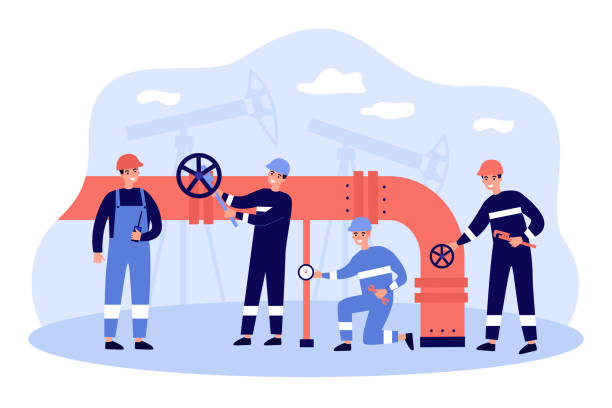 Cartoon workers characters with pipeline transporting oil or gas Cartoon workers characters with pipeline transporting oil or gas. Flat vector illustration. Men in uniform controlling pipe execution, preventing from leaks, erosion. Oil industry, engineering concept oil pipe stock illustrations