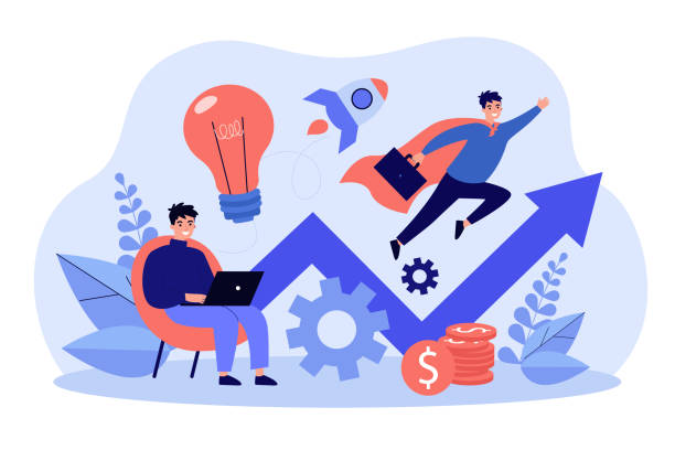 Successful businessman working with laptop and flying like superman Successful businessman working with laptop and flying like superman. Concept for startup launch, venture, motivation, innovation and inspiration. Financial success flat vector illustration super money stock illustrations
