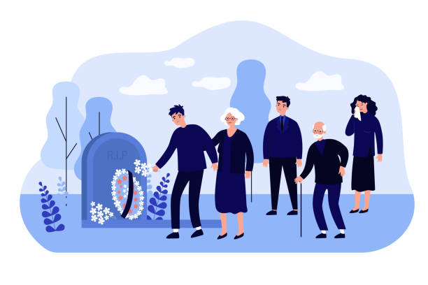 Cartoon mourning people at graveyard flat vector illustration Cartoon mourning people at graveyard flat vector illustration. Men and women standing near tomb with gravestone, flowers and wreath. Grieving and crying family at funeral. Death, grief concept ceremony illustrations stock illustrations