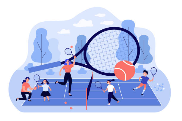 stockillustraties, clipart, cartoons en iconen met bussen en kinderen die bij tennisbaan spelen - tennis