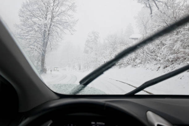 다가오는 차량으로 눈보라가 몰아치는 동안 시골 도로에서 운전 - drivers point of view country road snowing blizzard 뉴스 사진 이미지