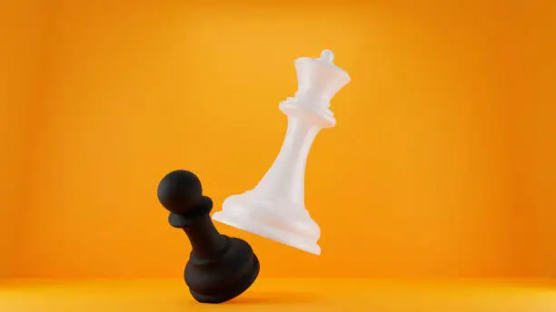 Black and white chess piece queen cut down a pawn on a yellow background