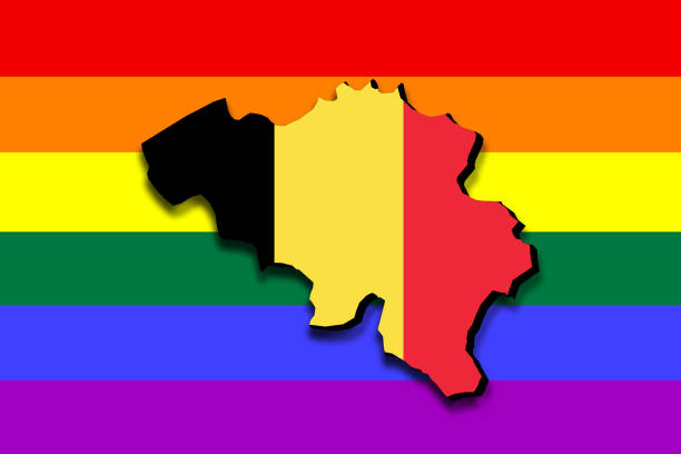 belgia zarys mapy z flagą narodową z flagą lgbt w tle - belgium map flag three dimensional shape stock illustrations