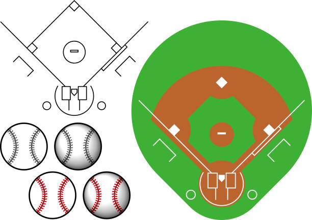 ilustraciones, imágenes clip art, dibujos animados e iconos de stock de colección de material de ilustración vectorial de béisbol - campo de béisbol