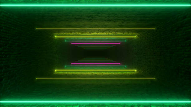 istock Flying through glowing neon lines creating a brick tunnel, blue red pink violet spectrum, fluorescent ultraviolet light, modern colorful lighting, 3d illustration 1310467677