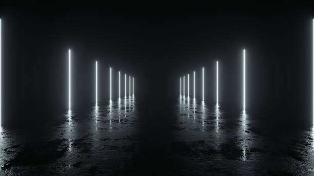 Futuristic sci fi bacgkround. White neon lights glowing in a room with concrete floor with reflections of empty space. Alien, Spaceship, Future, Arch. Progress. 3d illustration