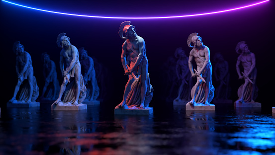 Philopoemen Sculpture illuminated by neon light. Museum art object obtained by 3D scanning. Retro futuristic design. 3d illustration