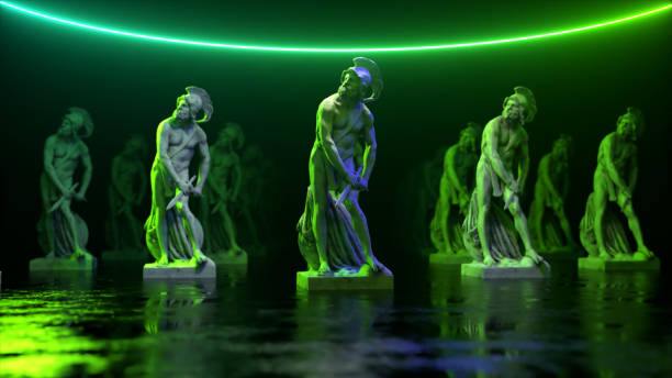 istock Philopoemen Sculpture illuminated by neon light. Museum art object obtained by 3D scanning. Retro futuristic design. 3d illustration 1310467740