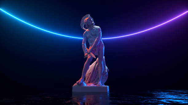 Philopoemen Sculpture illuminated by neon light. Museum art object obtained by 3D scanning. Retro futuristic design. 3d illustration