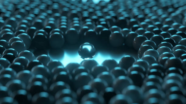 istock Array of dynamic glass spheres around one glass sphere. Social concept. 3d illustration 1310467838