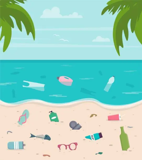 Vector illustration of Dirty beach. Plastic, glass and other waste on the beach. Dirty seashore.