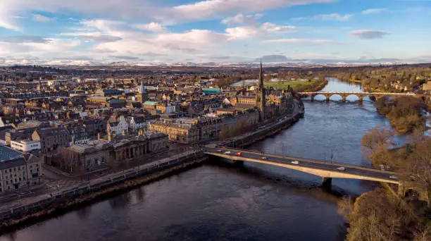 Drone point of view of Perth, SCotland above the Tay River