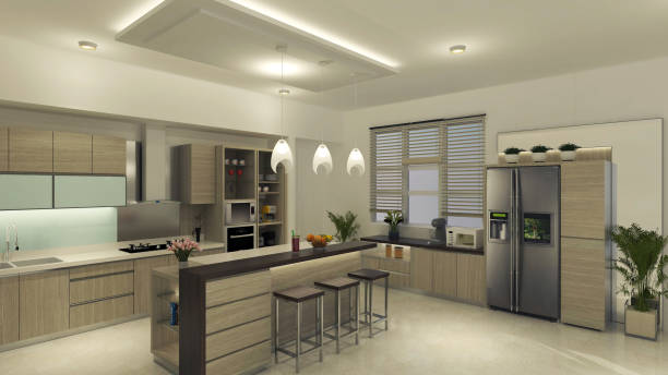 istock Modern Kitchen Cabinet Design With Island Bar Table 1310472760