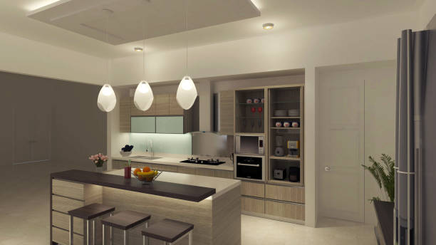 istock Modern Kitchen Cabinet Design With Island Bar Table 1310472765