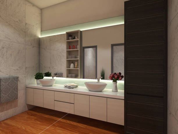 istock Bathroom Design With Modern Washbasin Cabinet And Mirror Wall Panel 1310472783