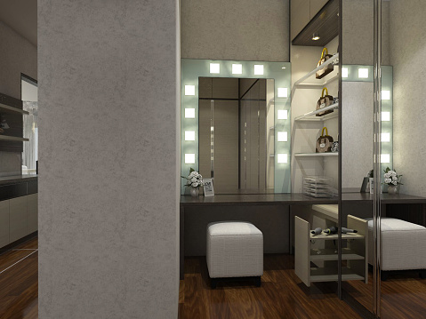 Make up Space With Dressing Table And Shelving Racks Display. Using Mirror decoration and parquet flooring.