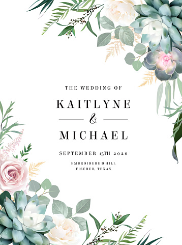 Greenery, pink rose flowers, echeveria succulent vector design invitation frame. Rustic wedding greenery. Mint, green tones. Watercolor save the date card. Summer rustic style. Isolated and editable