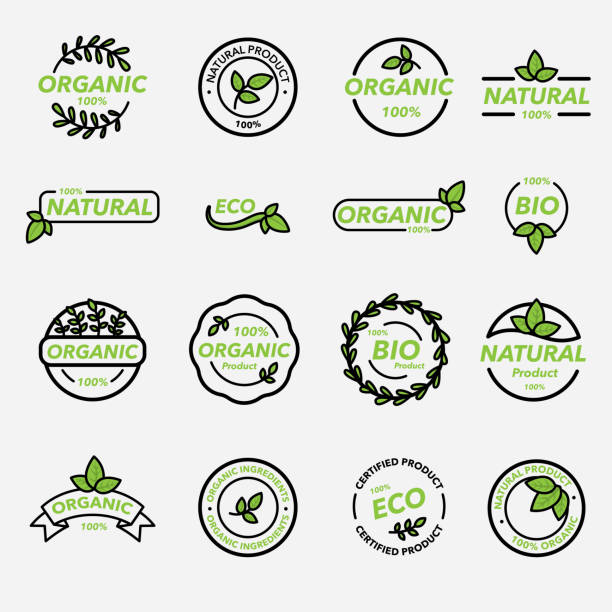 ilustrações, clipart, desenhos animados e ícones de rótulos mínimos de produtos orgânicos - 100 organic