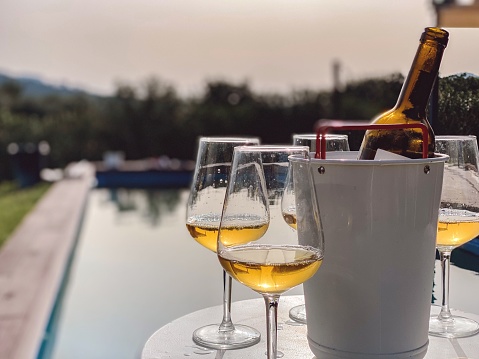 crystal glasses with white wine at sunset in the backyard