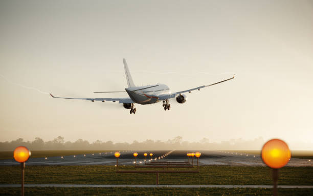 rendering 3d di un aereo passeggeri che atterra sulla pista - runway airport airfield asphalt foto e immagini stock