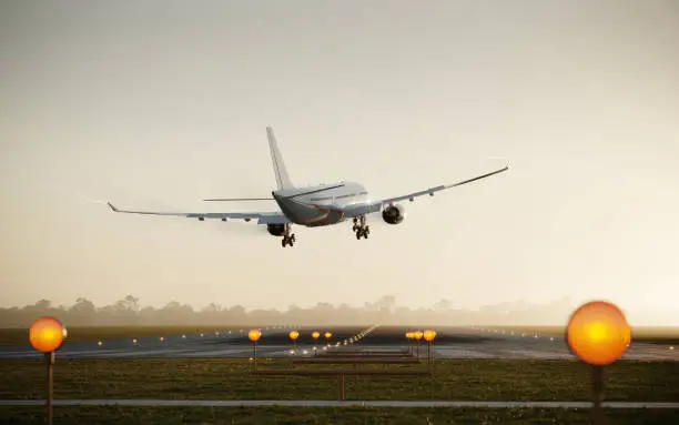 Photo of 3D render of a passenger airplane landing on runway