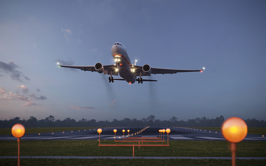 Airplane taking off from the airport runway at night. 3d rendering of a commercial flight taking off from an illuminated airstrip