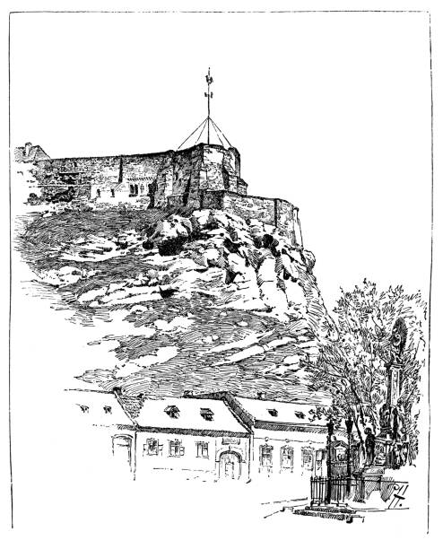 The St. Istvan Chapel and Fortress Mountain Illustration of The St. Istvan Chapel and Fortress Mountain black and white travel travel destinations monk stock illustrations