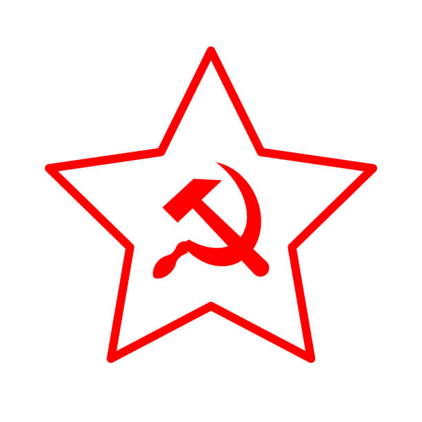 Red soviet sickle and hammer in star, communist USSR symbol on white Red soviet sickle and hammer in star, communist USSR symbol isolated on white marxism stock illustrations