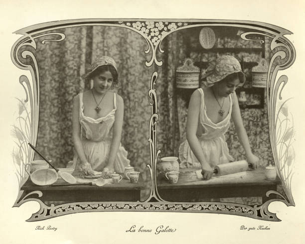 Young woman baking making pastry dough in kitchen, Victorian photograph, 19th Century Antique photograph, Young woman baking making pastry dough in kitchen, Victorian, 19th Century. pin up girl photos stock pictures, royalty-free photos & images