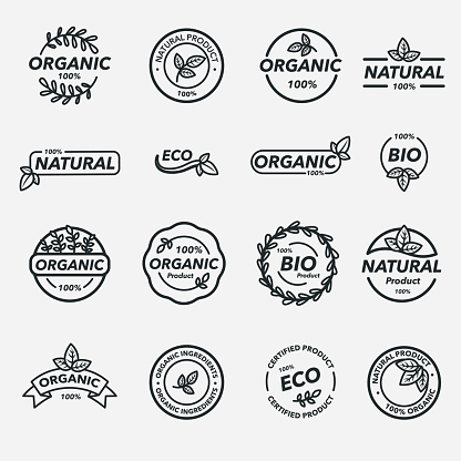 16 black and white vector labels for organic, bio and eco products. Isolated on white.