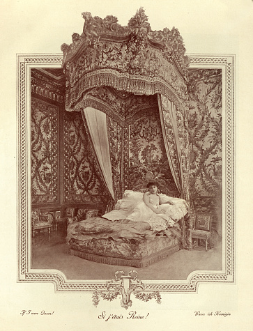 Antique photograph, Woman in a grand canopy bed, If I were Queen, Victorian, 19th Century.