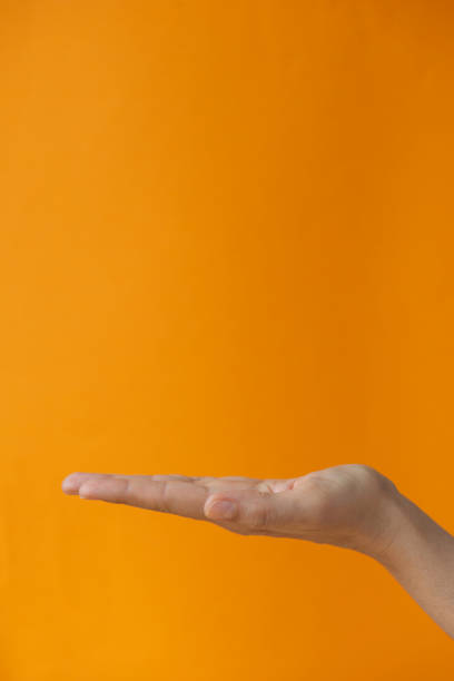 istock Empty Woman Hand On Orange Background 1310481896