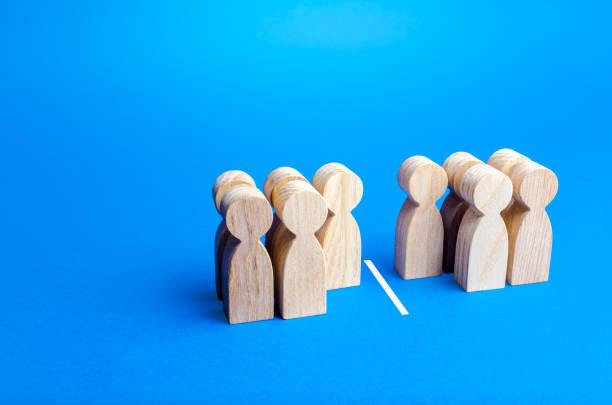 istock Five out of ten people separated by a line. Visualization of statistical data. 50% of 100%. Half and half. Dividing people into two groups on different issues. Polls test results. Equality in numbers 1310483203