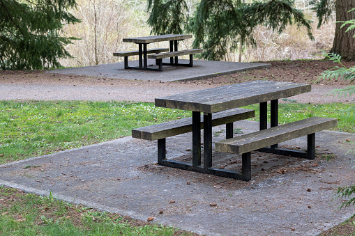 Two picnic tables at a public park are on concrete slabs. The park is surrounded by woods, some showing in the background.