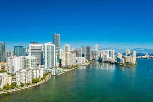 Aerial drone view of Downtown Miami in the Brickell area