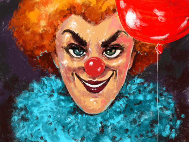 hand drawn art portrait of an evil scary smiling clown with red nose, red wig and red balloon in hand hand drawn art portrait of an evil scary smiling clown with red nose, red wig and red balloon in hand scary clown mouth stock illustrations