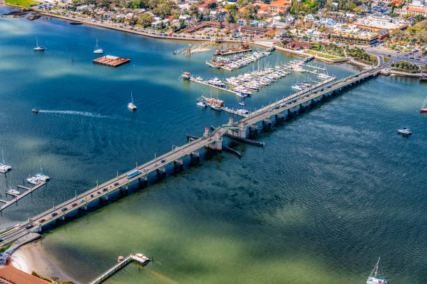 Bridge of Lions in St. Augustine, Florida Aerial view of the Bridge of Lions crossing the Matanzas River in beautiful city of St. Augustine, Florida. bridge of lions stock pictures, royalty-free photos & images