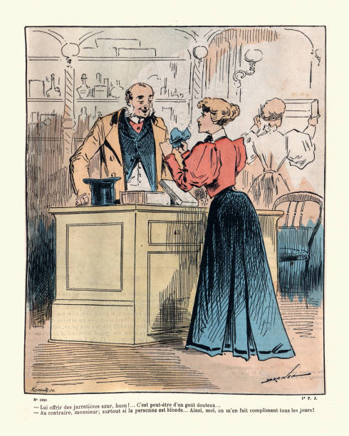 Man buying garters for his wife, female shop assistant, Victorian cartoon, 1890s 19th Century Vintage illustration of Man buying garters for his wife, Victorian cartoon, 1890s 19th Century vintage garter belt stock illustrations