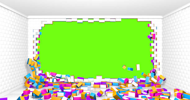 istock Wall of white, yellow, blue and red bricks destroyed inside a room with white walls and bricks scattered on the reflective floor on chroma key background. 3D Illustration 1310498135
