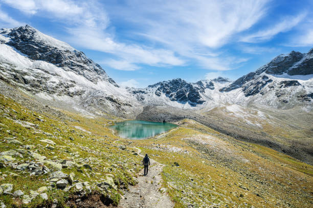 Young hikers on the Muragl valley in the area St.Moritz.