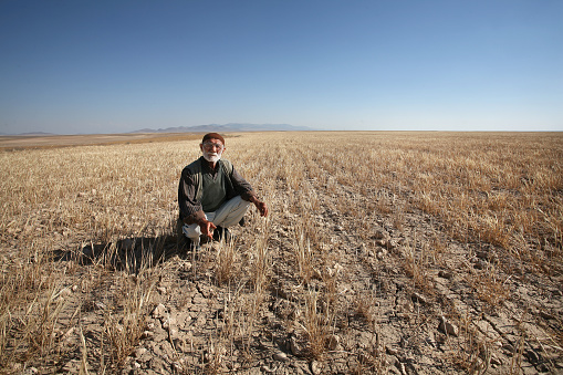 Konya, Turkey - July 02: Old Turkish farmer in drought field on July 02, 2008 in Konya, Turkey.