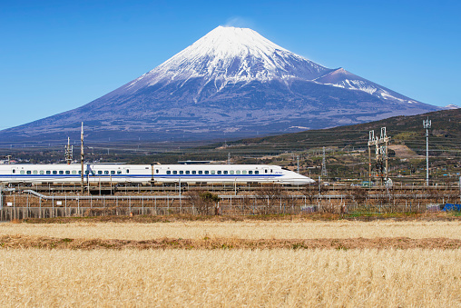 Japan - January 31, 2019 : HIgh Speed Bullet Train Tokaido Shinkansen running pass rice field with Fuji Mountain  Background, Shin-Fuji, Shizuoka