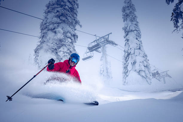 Powder skiing Powder skiing on a sunny day. ski resort flash stock pictures, royalty-free photos & images