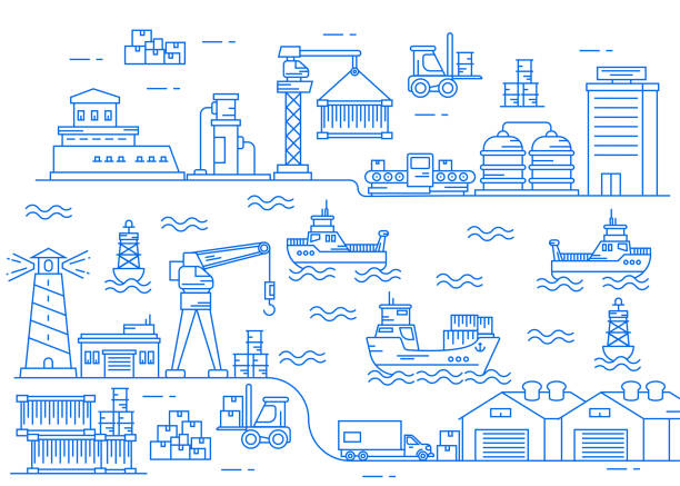 seaport dock bereich illustration linie kunst vektor - hafen containerterminal stock-grafiken, -clipart, -cartoons und -symbole