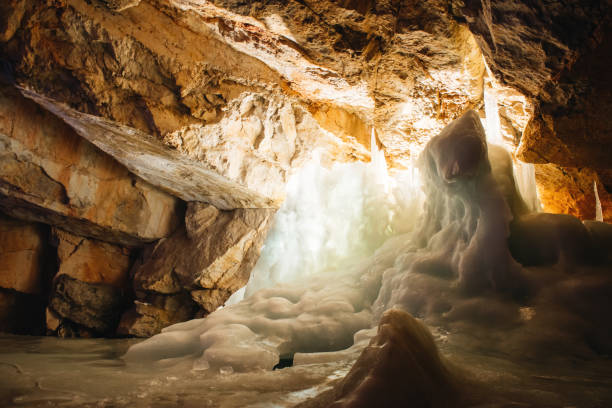 View of the ice cave with icicles. Kungur. Russia