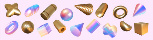 ilustrações, clipart, desenhos animados e ícones de renderizar formas. elementos geométricos abstratos holográficos ou dourados mínimos. arco-íris 3d e figuras metálicas definidas. cubos brilhantes, cilindros e esferas. formas vetoriais com gradiente de cor - tubo objeto manufaturado