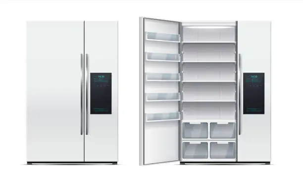 Vector illustration of Refrigerator. Realistic open or close fridge with freezer, 3D cold storage kitchen appliance. Household device for keeping food fresh. Vector domestic cooling equipment with shelves