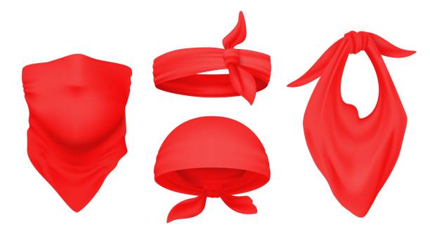 ilustrações, clipart, desenhos animados e ícones de bandana vermelha. bandanas 3d realistas. maneiras de usar cachecol na cabeça e pescoço. modelo de lenços amarrados isolados. conjunto de acessórios da moda, capacete unissex ou atadura facial, headwear vetorial - neckerchief